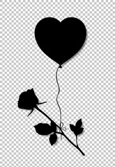 Black silhouette of rose flower flying on heart shaped helium balloon