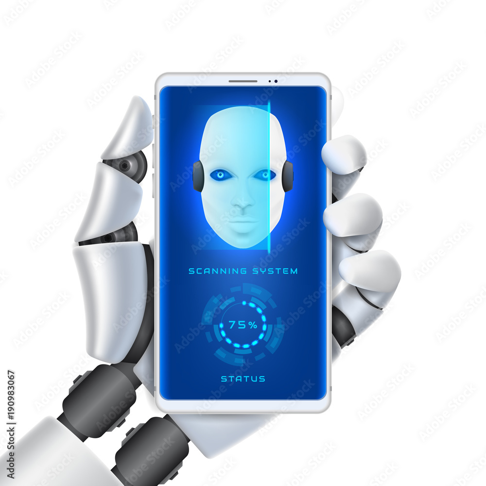 Poster concept of scanning system of robot cybernetic organism. arm with smartphone of mechanical humanoid 