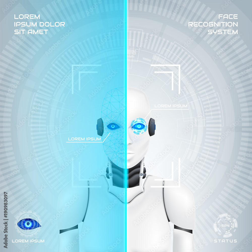 Poster scanning system of robot cybernetic organism. concept of mechanical humanoid with virtual hud interf