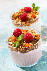 dessert with granola, raspberry, fruit and natural yoghurt, vertical