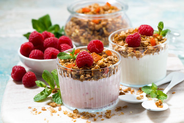 dessert with homemade granola, fresh raspberries, fruit and natural yoghurt