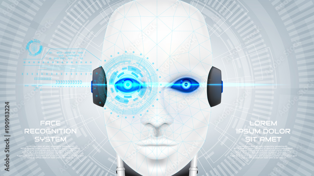 Poster face recognition system web banner. concept of robot cybernetic organism with virtual hud interface 