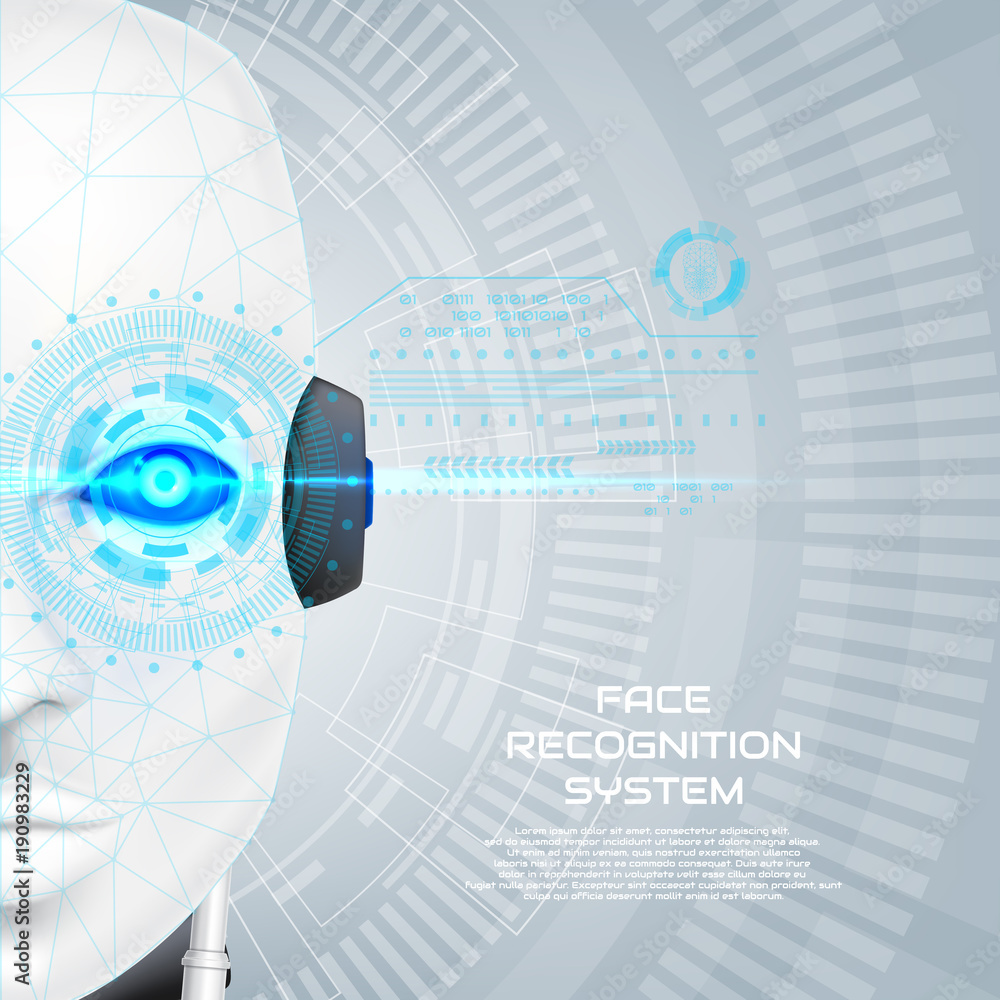 Poster face recognition system concept. robot cybernetic organism with virtual hud interface with augmented