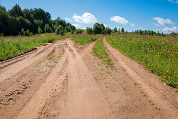Fototapeta na wymiar Nice summer scene with track road turn near green Falevsky mounds