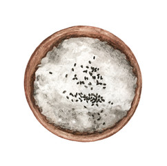 Fototapeta na wymiar White rice and black sesame seeds in a wooden bowl on white background. Top view. - Watercolor Food Collection
