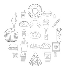 Fast food icons set. Outline illustration of 25 fast food vector icons for web