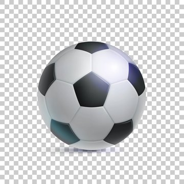 Classic soccer ball, realistic, isolated on transparent background. Image of sports equipment for football players, fans and amateurs. Vector illustration of modern detailed clipart