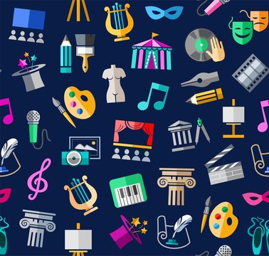 Culture and art, seamless background, color, blue, vector. Leisure and cultural centres. Cultural events and the attributes of art. Colored icons on a dark blue field. Vector picture.  