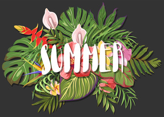 Lettering  Summer on a background of tropical leaves and exotic flowers 