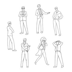 Vector set sketch black contour isolated illustration of business people. Men and women in suits in different emotions. Businessman stands pensive, pointing, worried. Businesswoman talking on phone.