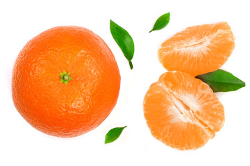 orange or tangerine with leaves isolated on white background. Flat lay, top view. Fruit composition