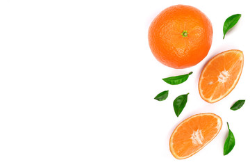 orange or tangerine with leaves isolated on white background with copy space for your text. Flat lay, top view