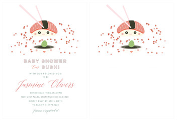 Whimsical and modern hand drawn illustration of sushi,wasabi,shrimp eggs on the the white background for baby shower invitation,kid birthday,greeting cards,children illustrations,wallpaper,background.