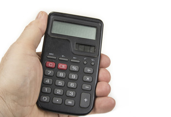 Small calculator with big numbers in hand on the white