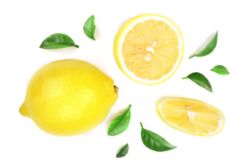 lemon and slices with leaf isolated on white background. Flat lay, top view