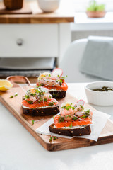 Danish open sandwich on ryebread with salmon. Norwegian style.