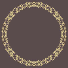 Oriental vector golden round frame with arabesques and floral elements. Floral border with vintage pattern. Greeting card with place for text