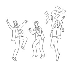 Vector set sketch black contour isolated illustration of business people. Different emotions in process professional activity of businessmen. Woman and man rejoice the success.