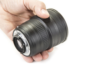 Zoom and fix lenses on camera on the white background