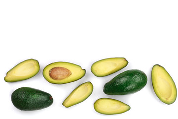 whole and half avocado isolated on white background with copy space for your text. Top view. Flat lay