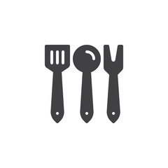 Kitchen cutlery icon vector, filled flat sign, solid pictogram isolated on white. Culinary spatula ladle and fork symbol, logo illustration.