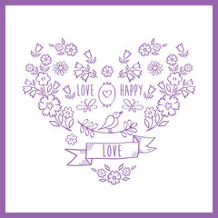 Vintage color heart of flowers. Greeting card with hand drawn decorative floral elements for Valentine's Day, mother's day, birthday, wedding. Doodles, sketch. Vector.