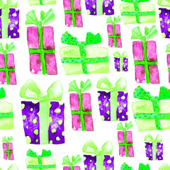 Seamless Pattern with Hand Drawn Watercolor Gifts with Bow. Christmas Background. Party or Birthday Design. Repeatable New Year Pattern. Can be used For Textile Print, Packaging, Wallpaper, Wrapper.