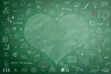 Doodle freehand white chalk drawing on green chalkboard with heart copy space for Educational back to school and teacher’s day concept