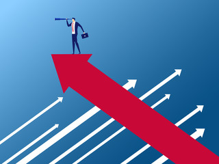 Businessman stand on arrow growth graph on the opposite direction using telescope looking for success, opportunities, future business trends. Vision concept.
