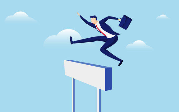 Overcome obstacles and success concept. Businessman holding briefcase jumping over hurdle race obstacle.