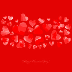 Happy valentines day. greeting card. vector illustration. red background. motley heart shapes