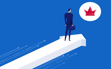 Businessman stand on arrow growth graph direction looks at the crown of success, opportunities, future business trends. Vision concept.