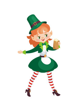 Image of a leprechaun girl in cartoon style. Saint Patrick’s Day illustration isolated on the white background.