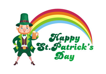 Saint Patrick’s Day poster with the image of a leprechaun. Vector illustration isolated on the white background.