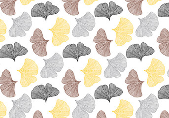 Hand drawn ginkgo leaves vector pattern in black, red, yellow and colors palette