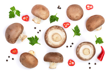 Fresh champignon mushrooms with parsley, peppercorns and red hot chili peppers isolated on white background. Top view