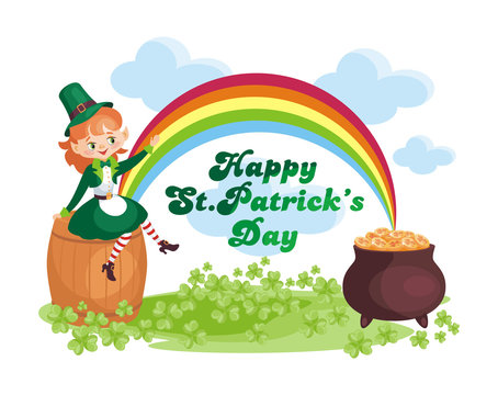 Saint Patrick’s Day poster with the image of a leprechaun girl. Vector illustration isolated on the white background.