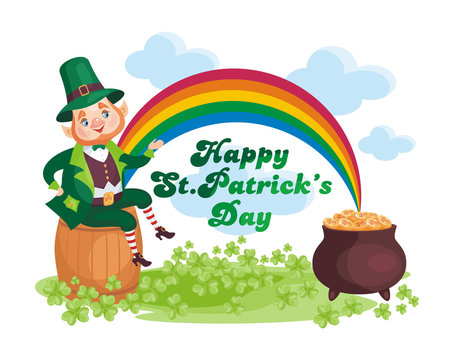 Saint Patrick’s Day poster with the image of a leprechaun. Vector illustration isolated on the white background.