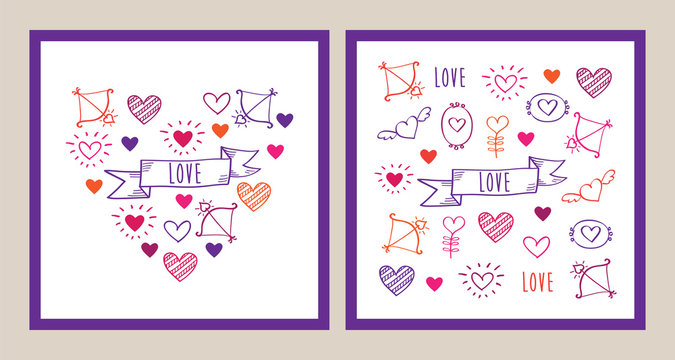 Set of Greeting cards for Valentine's Day, Mother's Day, Father's Day, birthday, wedding with hand drawn elements. Doodles, sketch. Vector illustration.