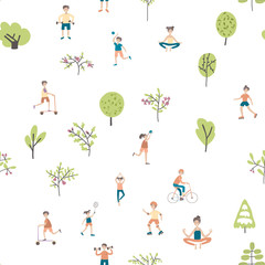 Fototapeta premium Active lifestyle, sports entertainment outdoors. Young people in city park among the trees. Seamless pattern, vector background illustration on white.