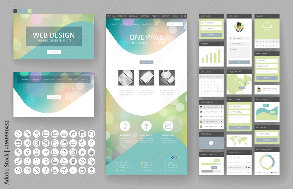 Wall mural website design template and interface elements