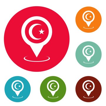 Mosque map pointer icons circle set vector isolated on white background
