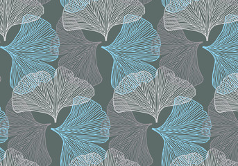 Hand drawn ginkgo leaves vector pattern in blue and gray colors palette