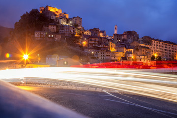 Medieval citadel in Corte, a city in the mountains, France, the island of Corsica. Beautiful cityscape. Night city, sunset, long exposure