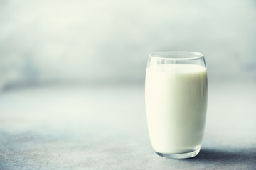 Glass of milk on grey concrete background woth copy space. Healthy eating concept, vegetarian breakfast
