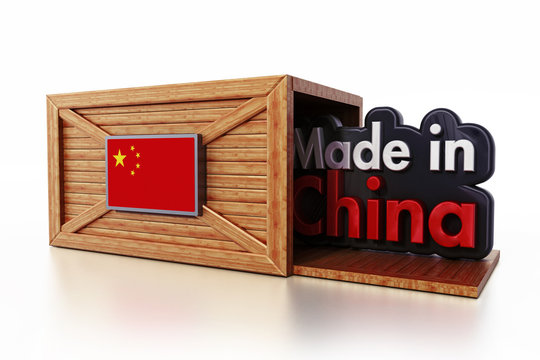 Made in China text inside cargo box with flag of China. 3D illustration