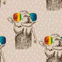 Vector sketch of camel with glasses. Retro illustration