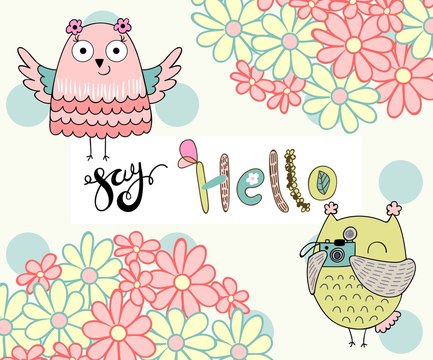 Card with cartoon owl in bright colors. Say hello.