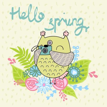 Card with cartoon owl in bright colors. Hello spring.