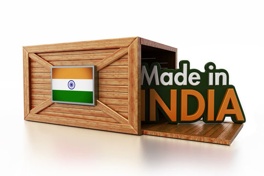 Made in India text inside cargo box with Indian flag. 3D illustration